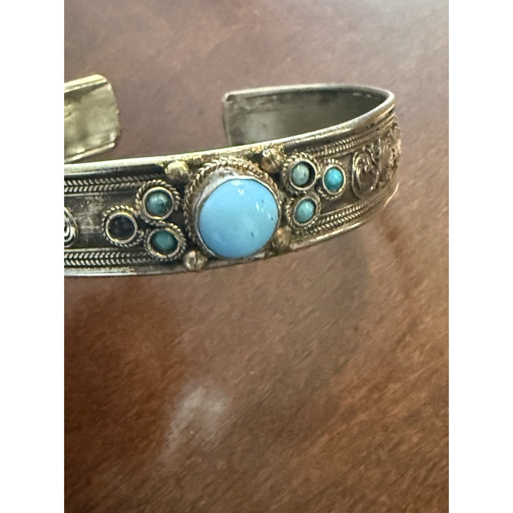 Bracelet Vtg Turquoise‎ Cuff Navajo Style Boho Tribal Engraved Blue Stones